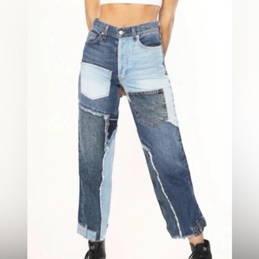 REVICE Two-Tone Patchwork High-Rise Jeans - Light & Dark Blue